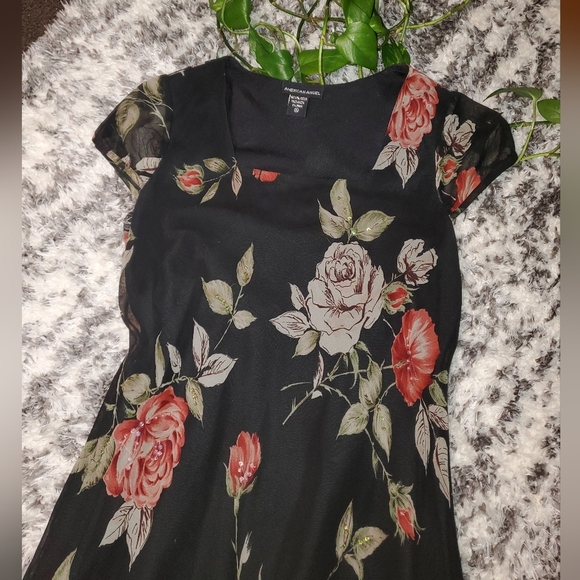 American Angel black dress with rose sheer fabric and cap sleeves - Picture 2 of 8